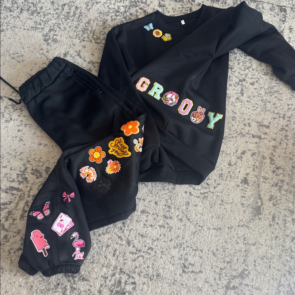 Black Groovy Patch Sweatshirt and Joggers Set